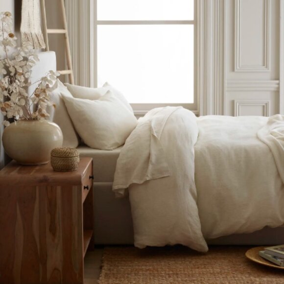 NWOT Quince European Linen Duvet Cover Set - Natural/White Mini Pinstripe - Picture 3 of 5